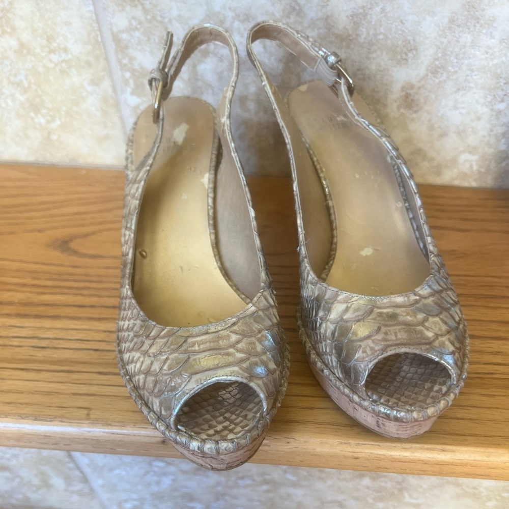 Stuart Weitzman Snake Embossed Wedge Slingback Platform Peep Toe.
